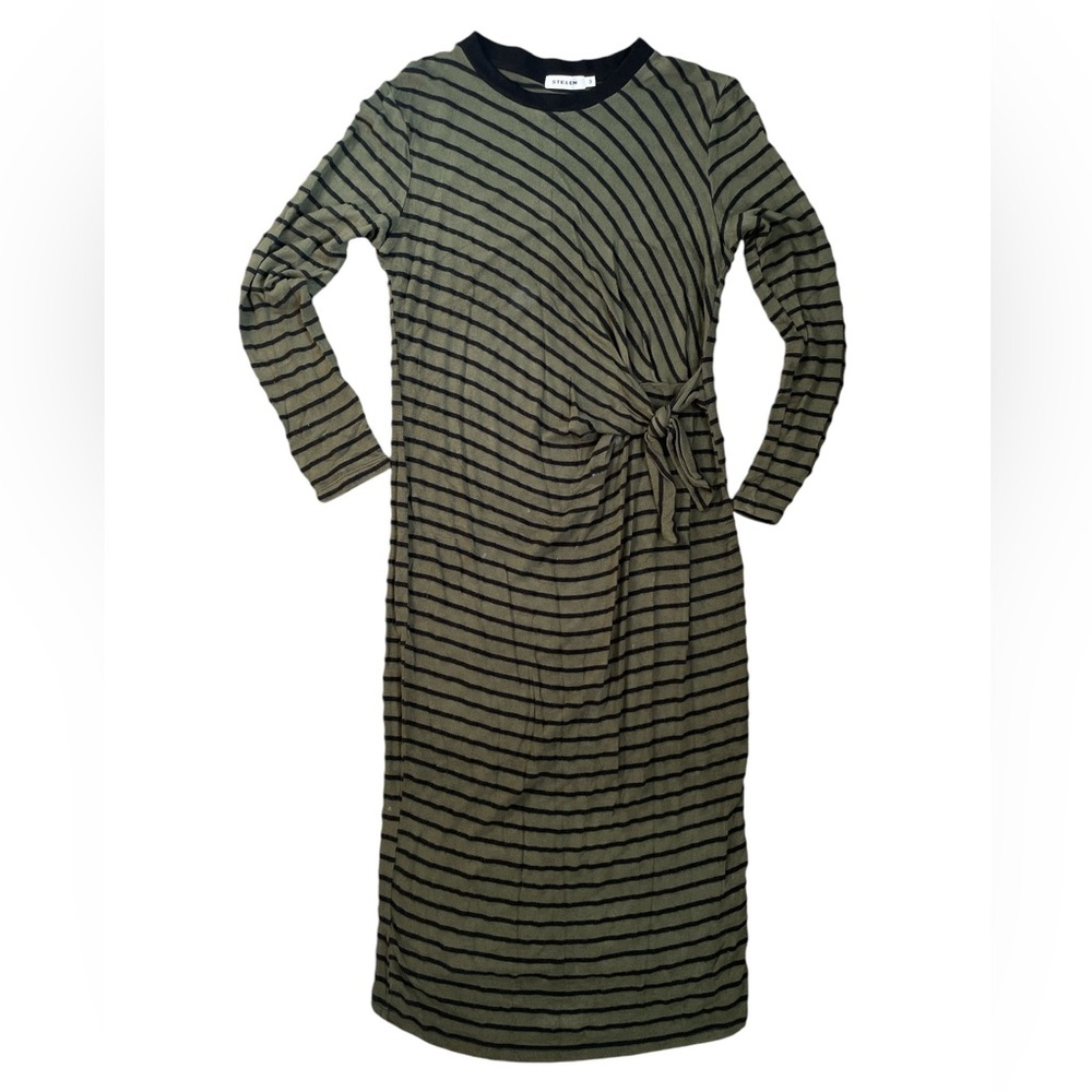 Stelen Long Sleeve Cotton Striped T-Shirt Maxi Dress with Side Tie - Size M